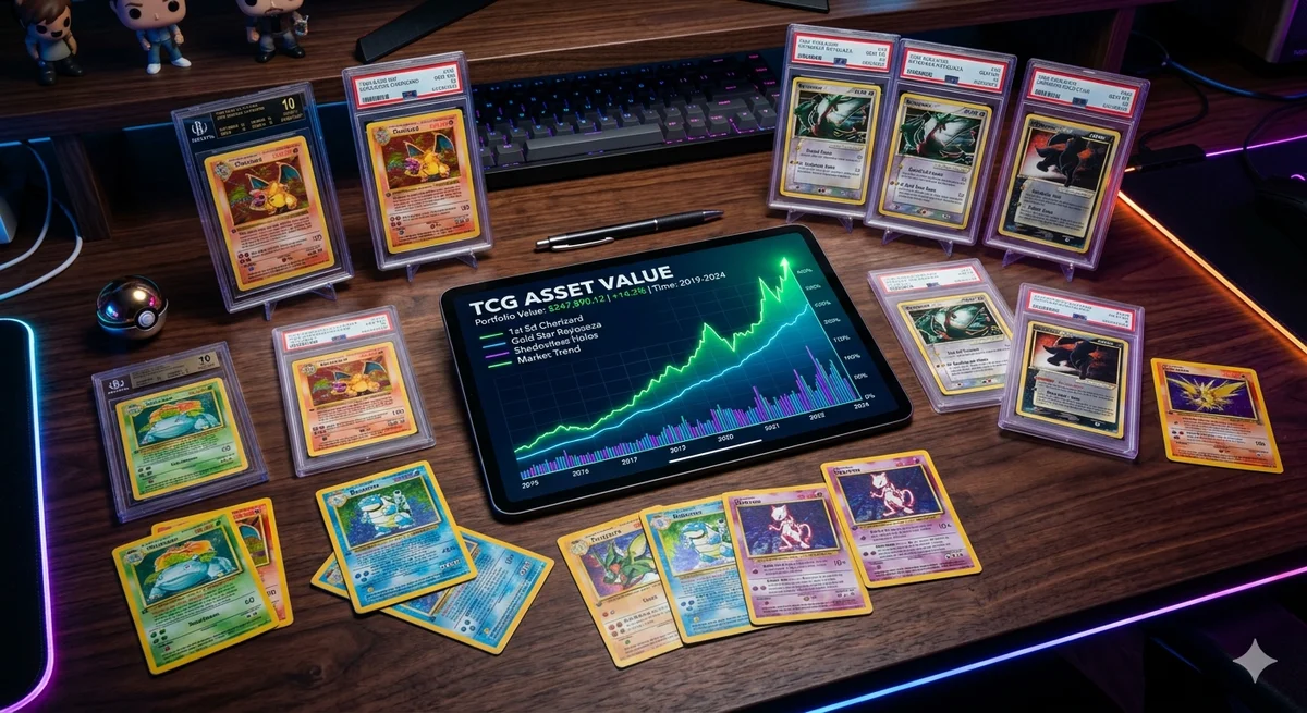 A highly detailed, cinematic top-down view of a premium Pokémon card collection with graded slabs and a digital portfolio tracker.