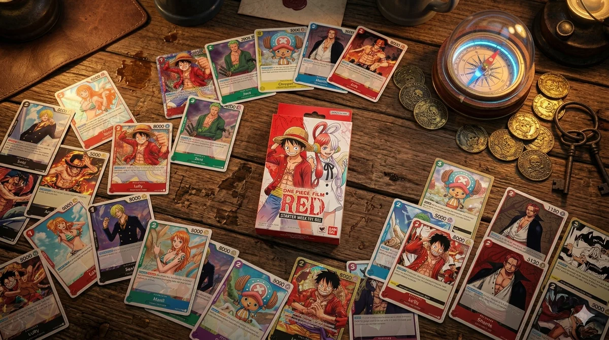 A beginner's layout of One Piece TCG cards showing starter decks, a playmat, and various rarity symbols like SR and SEC.