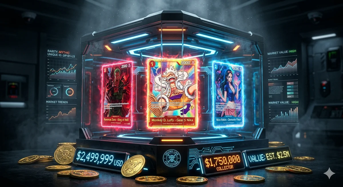 A majestic display of rare glowing One Piece trading cards locked inside a high-tech glass vault, with golden coins and glowing price tags around them.