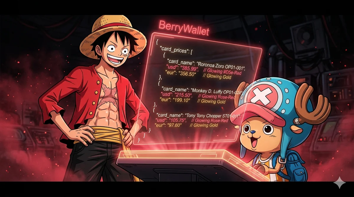 Code editor showing a REST API call fetching One Piece card prices, with OPCG card art in the background.