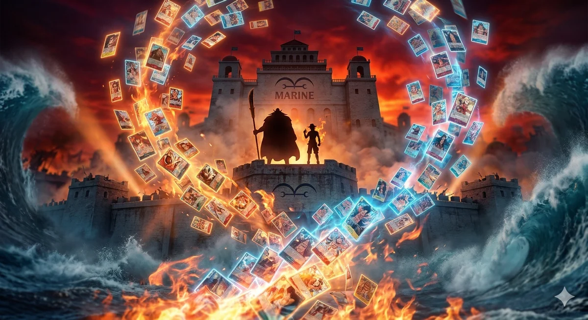 An epic battle scene at Marineford featuring glowing One Piece trading cards emerging from crashing ocean waves, with Whitebeard and Ace silhouetted against a blazing inferno sky.