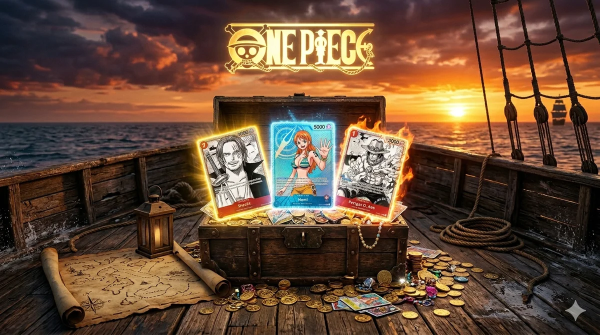 A dramatic treasure chest overflowing with glowing One Piece TCG cards — Manga Rare Shanks, Nami Alt Art Leader, and Charlotte Katakuri prominently displayed — surrounded by golden coins and a nautical map, on a dark ocean background with the One Piece logo in gold.
