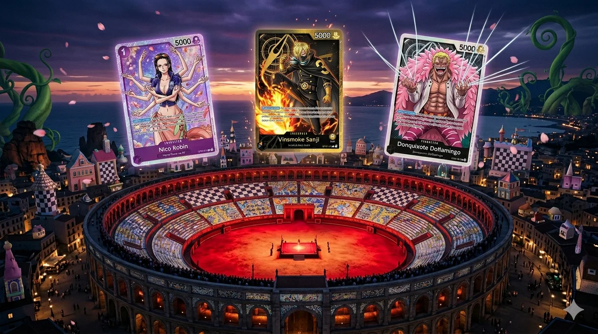 The Corrida Colosseum of Dressrosa under a blood-red sky, with One Piece TCG cards featuring Nico Robin Alt Art and Vinsmoke Sanji Alternate Art Leader floating dramatically above the arena floor, surrounded by golden flame and rose petals.
