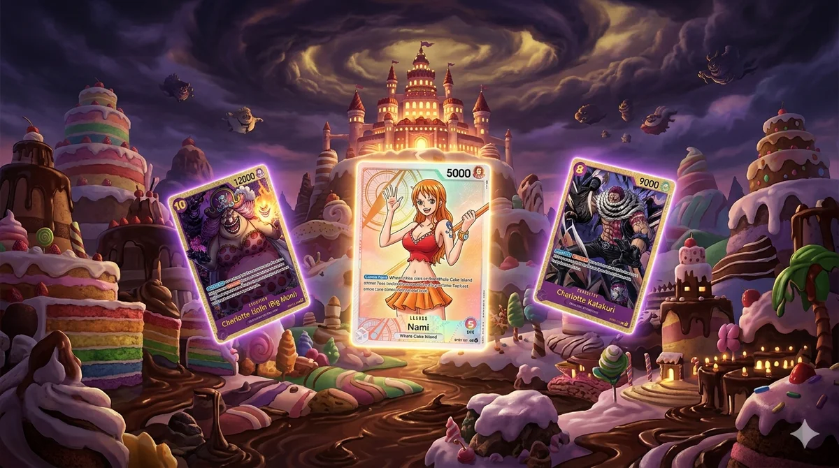 A sweeping Whole Cake Island landscape with towering candy mountains, glowing One Piece TCG cards floating in the sky, Nami's Alt Art Leader card and Charlotte Katakuri cards prominently displayed against a golden sunset.
