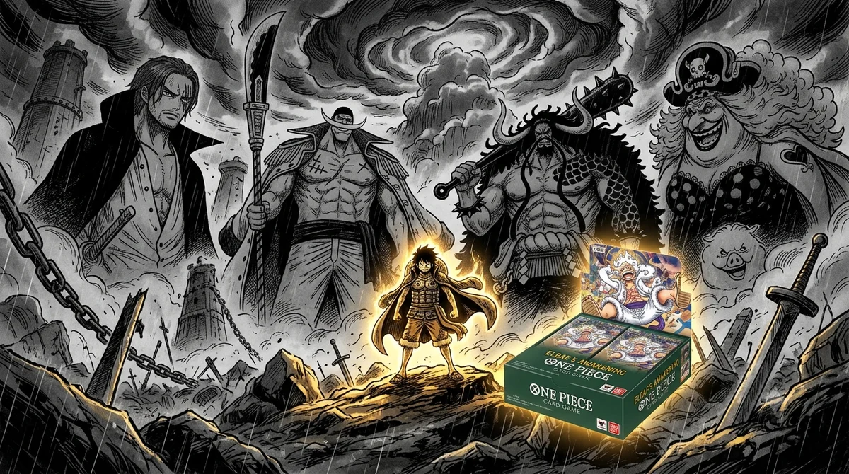One Piece Card Game OP-17 The World's Strongest Warriors teaser — the Four Emperors' silhouettes looming over a booster box, with a giant-armored Luffy and the Elbaf arc's stormy sky in the background.