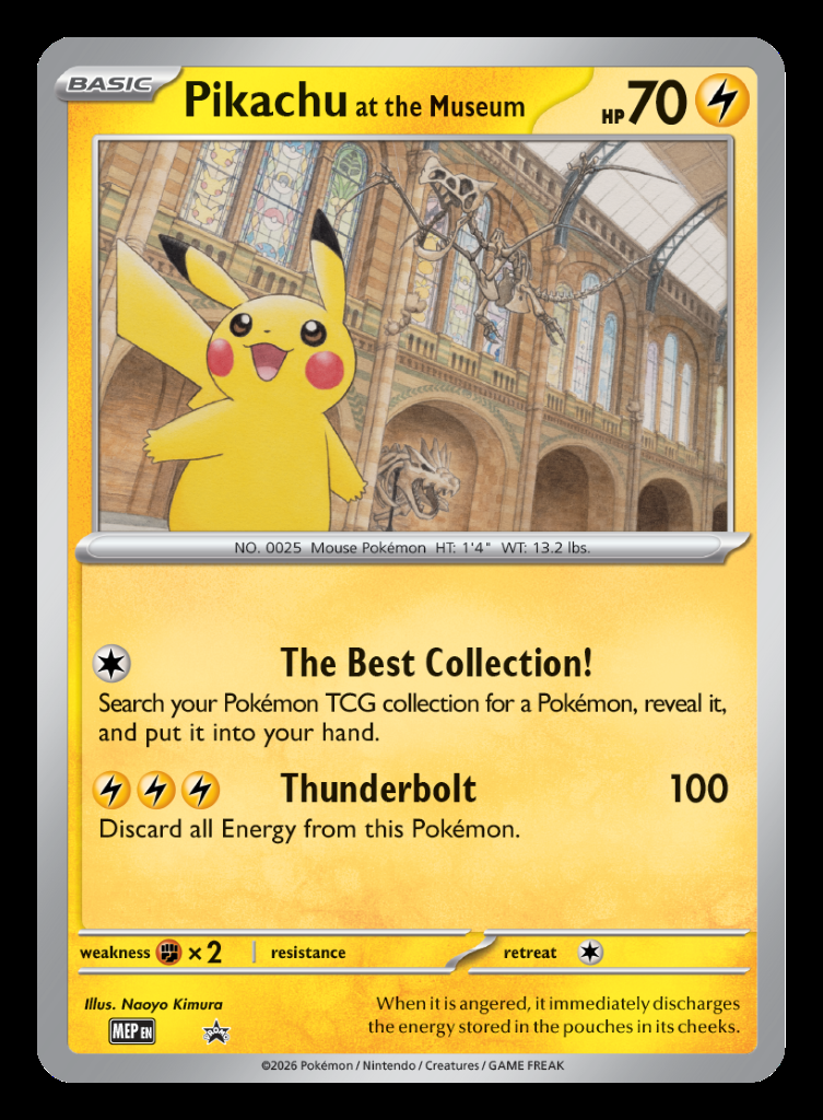 Pikachu at the Museum promo card by Naoyo Kimura