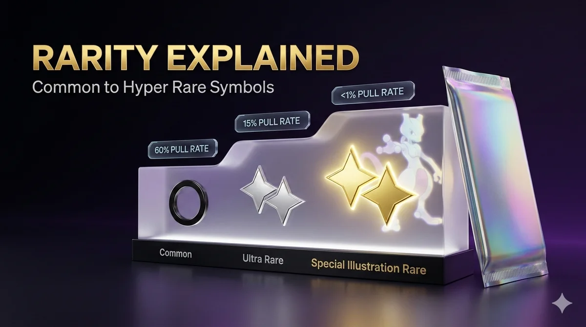 A detailed visual chart displaying various Pokémon card rarity symbols, including Common, Uncommon, Rare, Illustration Rare, and Hyper Rare.