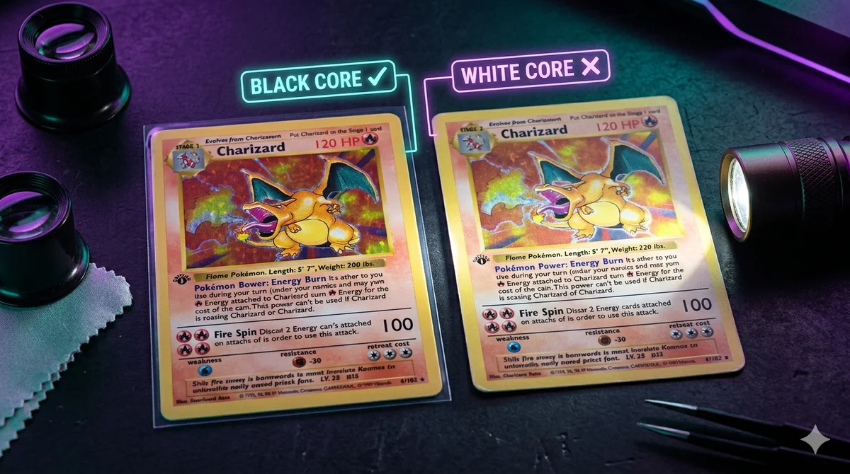 Side-by-side comparison of a real and fake Pokémon card showing authentication differences