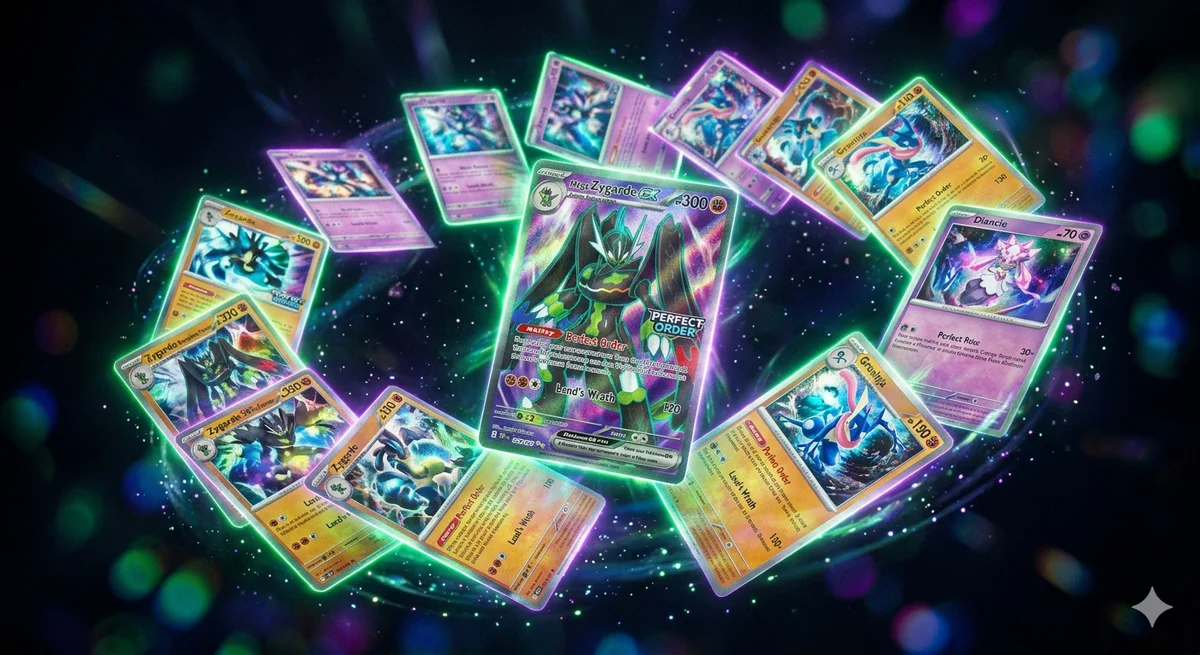 A sealed Pokémon TCG Perfect Order booster box featuring a glowing Mega Zygarde ex against an emerald green neon background.
