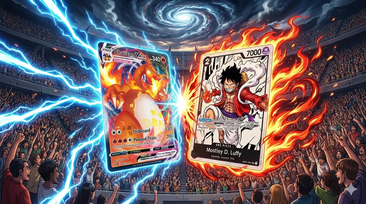 A cinematic face-off between a holographic Charizard Pokémon card and a Manga Rare Luffy One Piece card, split down the middle with epic clash effects.