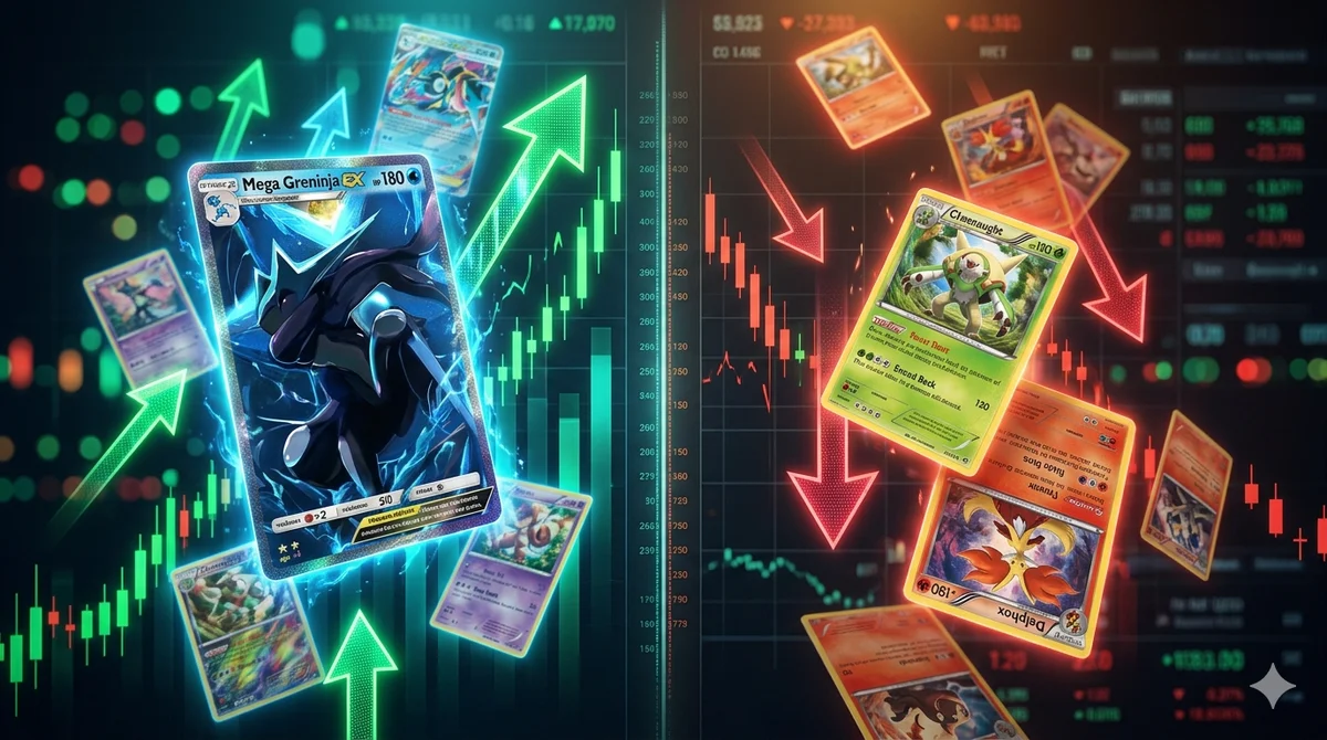 A dynamic split-screen showing Pokémon cards from the Chaos Rising set with glowing green upward arrows on winning cards and red downward arrows on crashing cards, against a dark market-data backdrop.