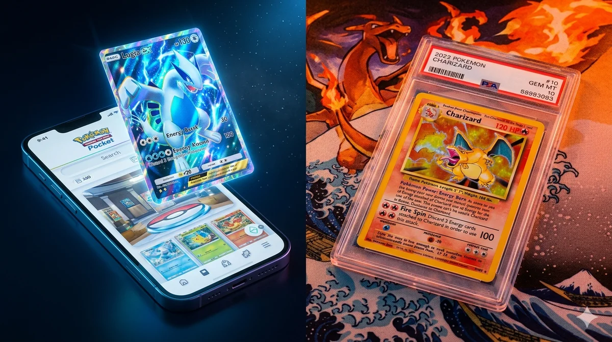 A side-by-side comparison showing a digital Pokémon TCG Pocket card glowing on a smartphone screen next to a physical graded Pokémon card.