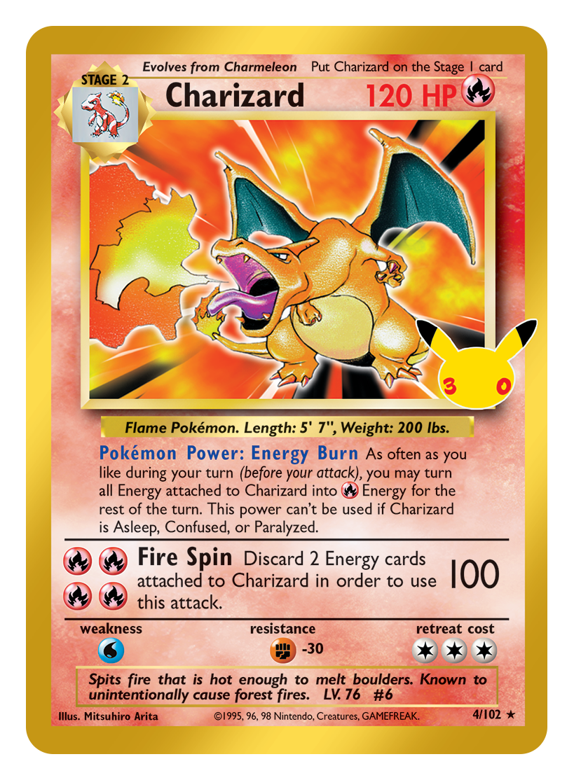 Base Set Charizard 30th Celebration classic collection reprint with Pikachu 30 foil stamp