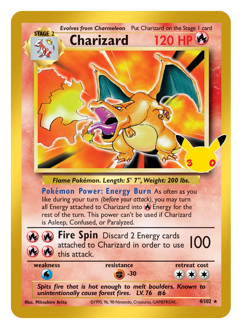 Base Set Charizard 30th Celebration classic collection reprint with Pikachu 30 foil stamp
