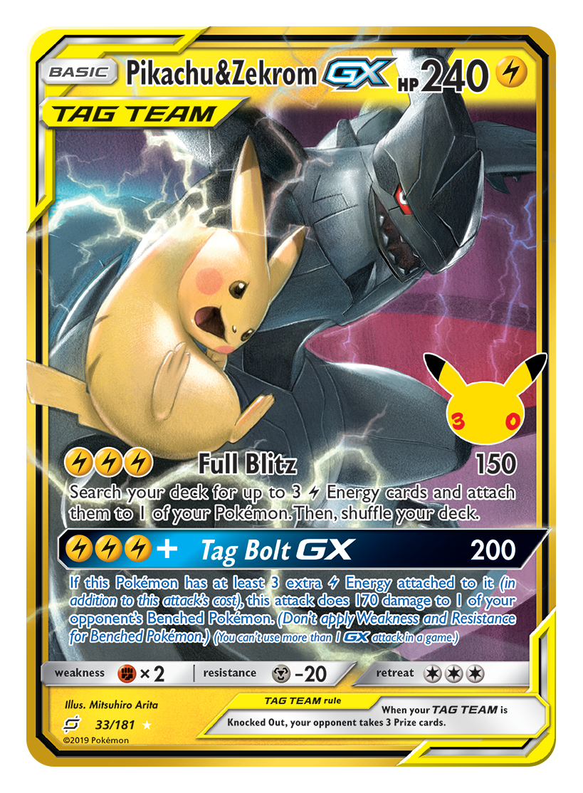 Pikachu & Zekrom-GX 30th Celebration classic collection card with foil 30 stamp