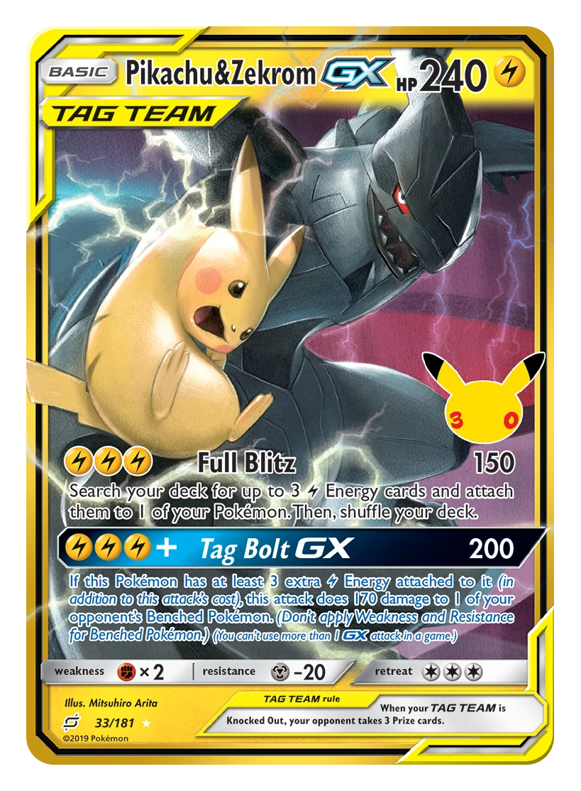 Pikachu & Zekrom-GX 30th Celebration classic collection card with foil 30 stamp