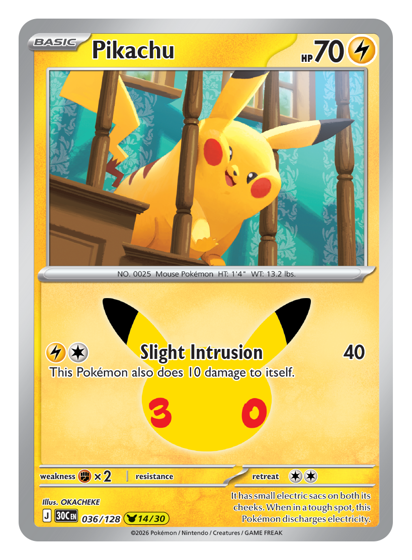 30th Celebration Pikachu card 036 — one of 30 unique Pikachu illustrations