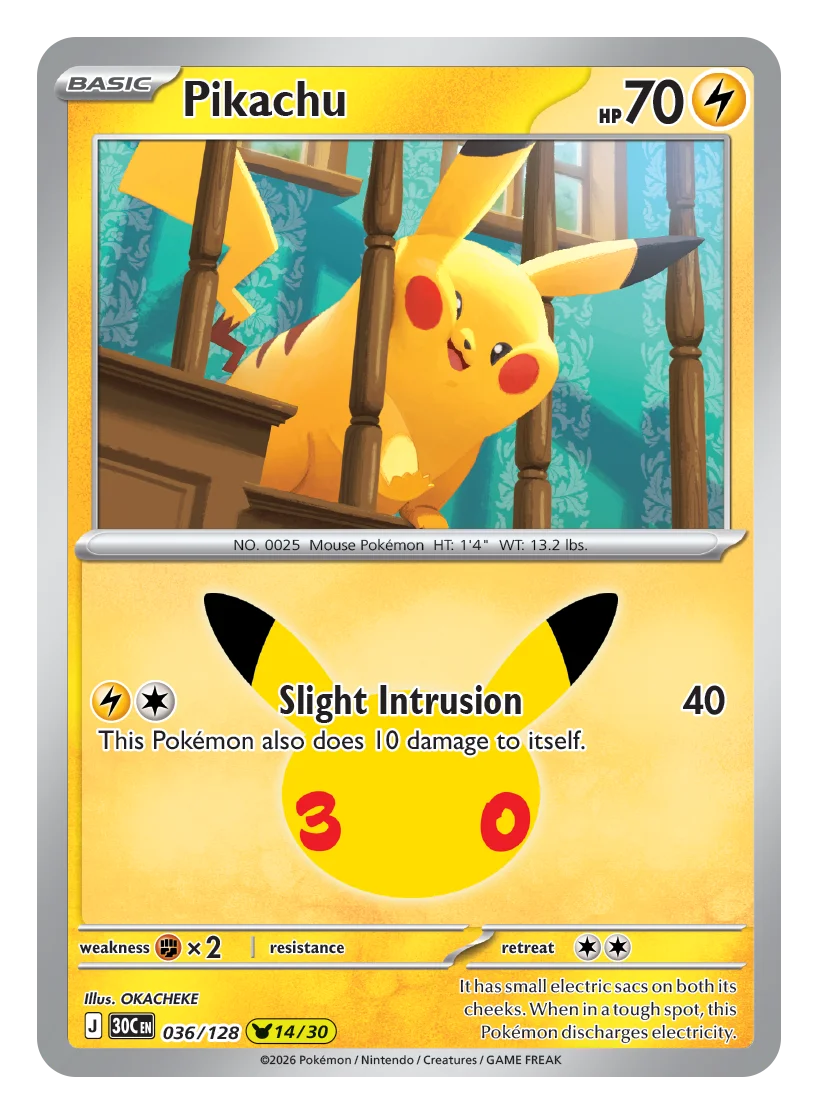 30th Celebration Pikachu card 036 — one of 30 unique Pikachu illustrations
