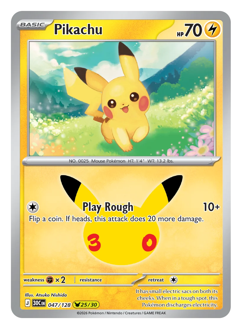 30th Celebration Pikachu card 047 — unique artist illustration