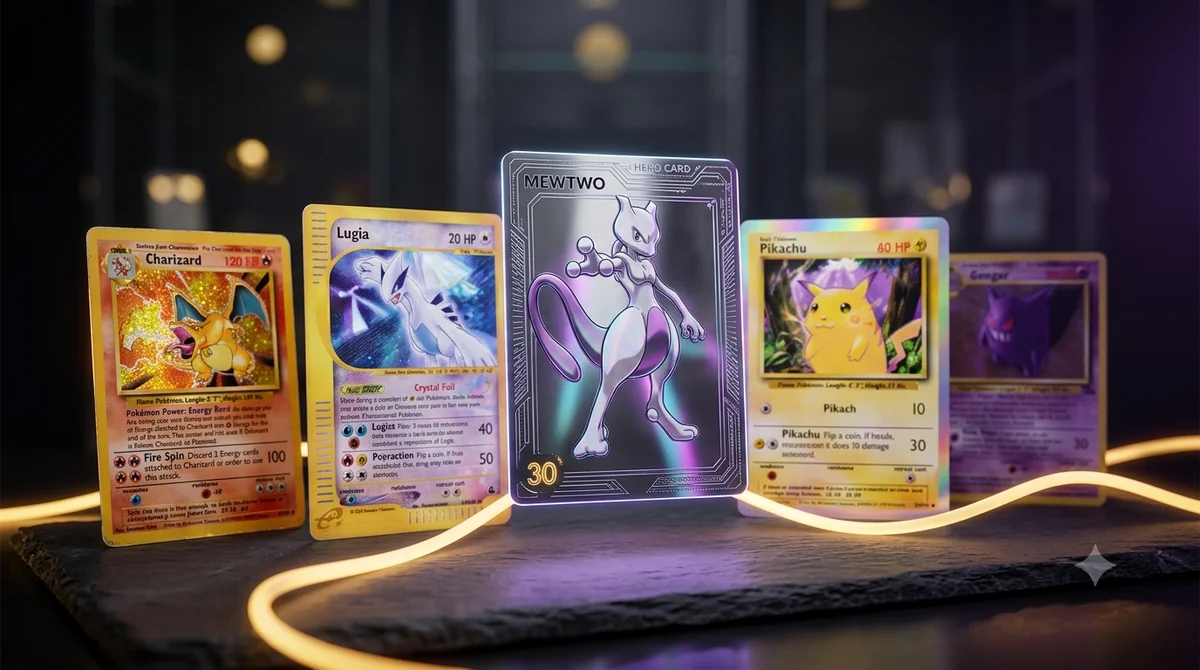 A ranked lineup of Pokémon TCG 30th Celebration chase cards — Futuristic Rare Mewtwo ex, Base Set Charizard and Crystal Lugia reprints — glowing on a dark investment-themed backdrop.