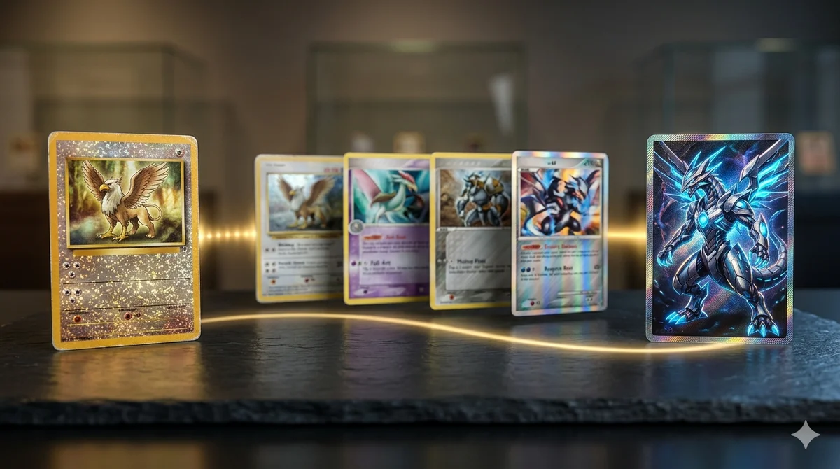 A timeline-style collage of iconic Pokémon cards spanning 1996 to 2026, from a vintage Base Set holo to a modern Mega Evolution card.