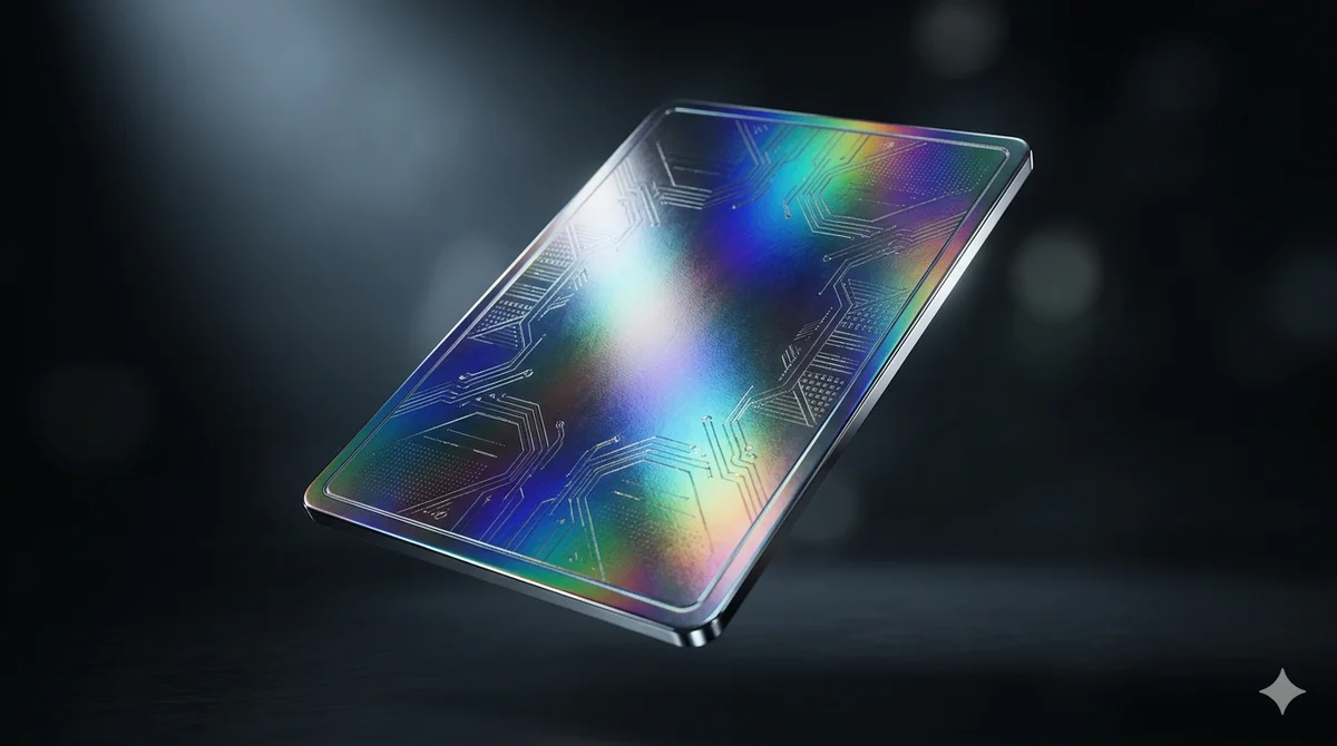 A futuristic-style Pokémon card with a holographic chrome finish glowing against a dark background, illustrating the new Futuristic Rare rarity.