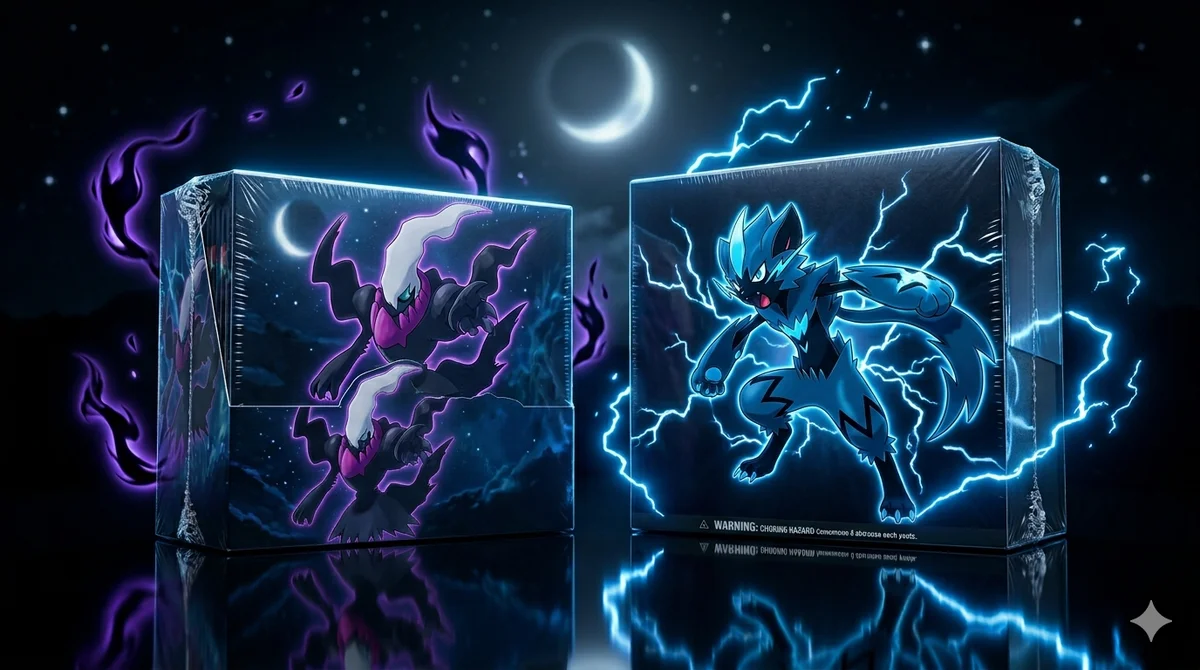 Pokémon TCG Mega Evolution Pitch Black Night set — sealed booster box and Elite Trainer Box with Mega Darkrai ex and Mega Zeraora ex artwork on a dark night-sky background.