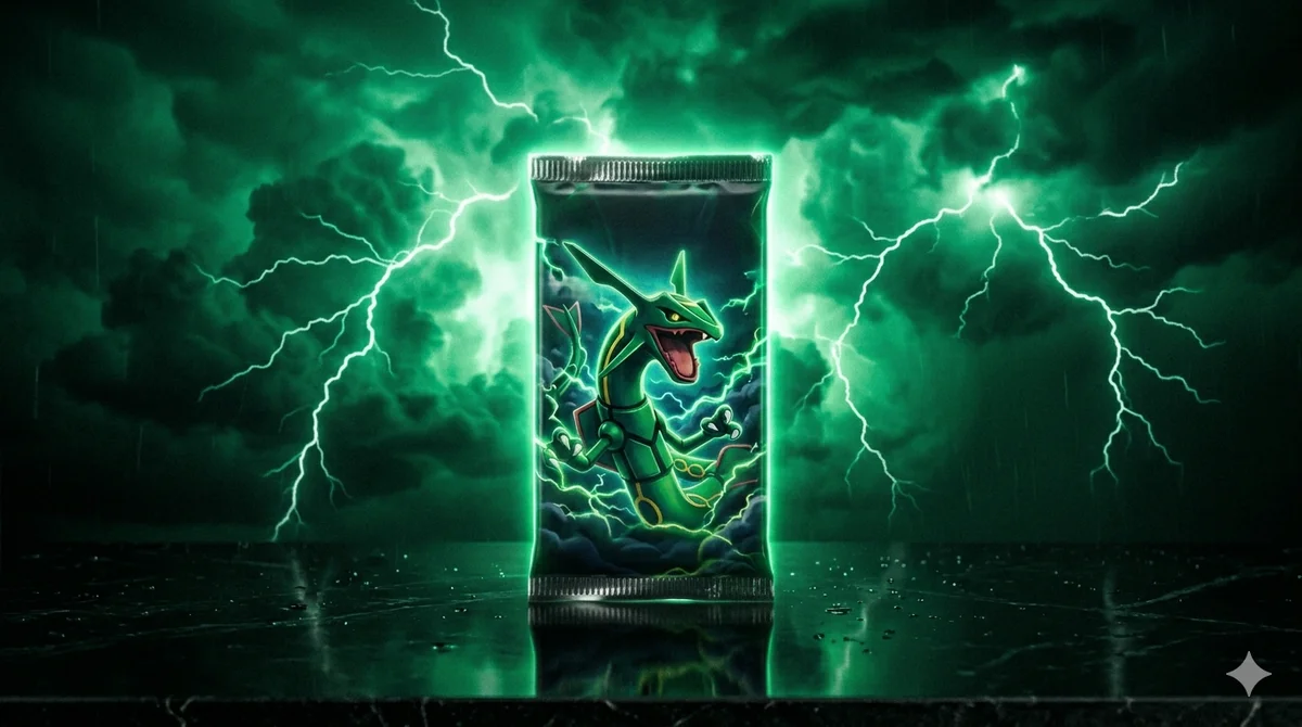 Pokémon TCG Storm Emerald set teaser — emerald-green storm clouds and lightning over a sealed booster pack, dramatic and cinematic.