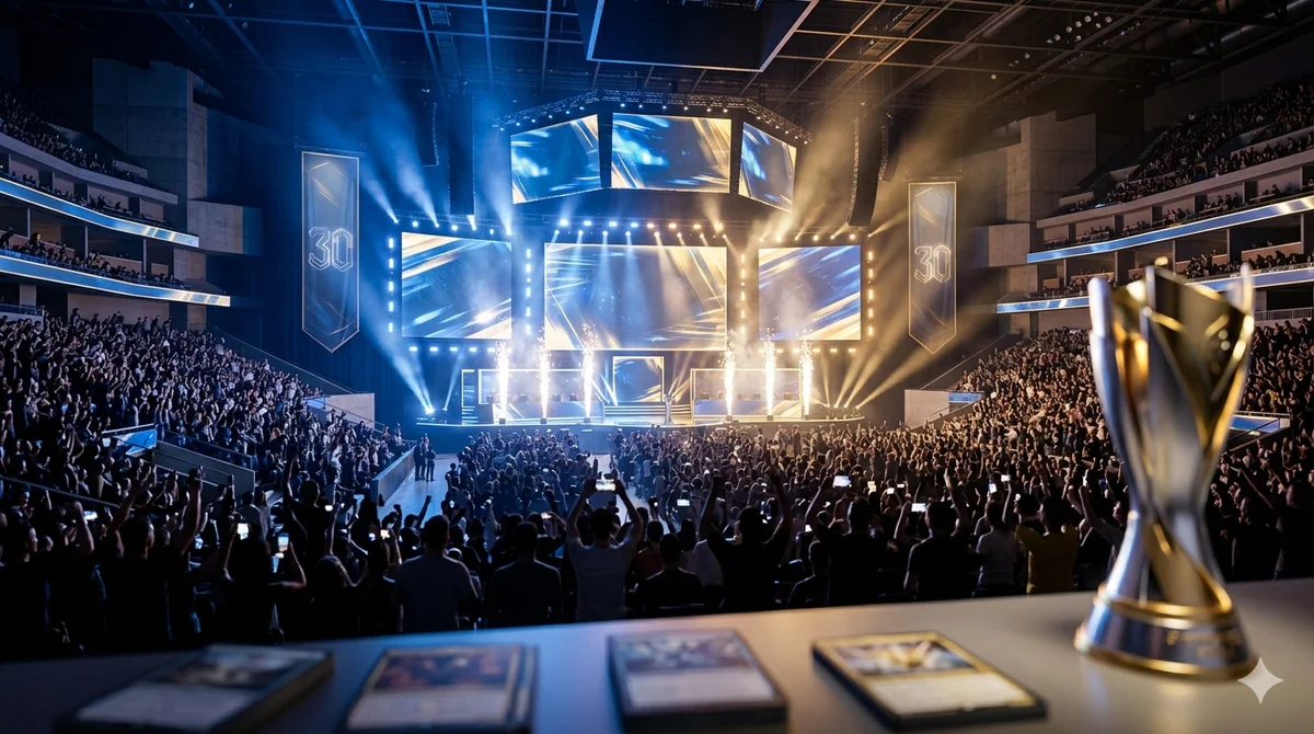 Pokémon World Championships 2026 in San Francisco — a championship stage with crowd and a glowing 30th-anniversary banner, collector cards in the foreground.