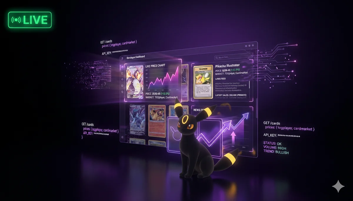 PokéWallet API showing real-time Pokémon card prices from TCGPlayer and CardMarket, available free on all plans
