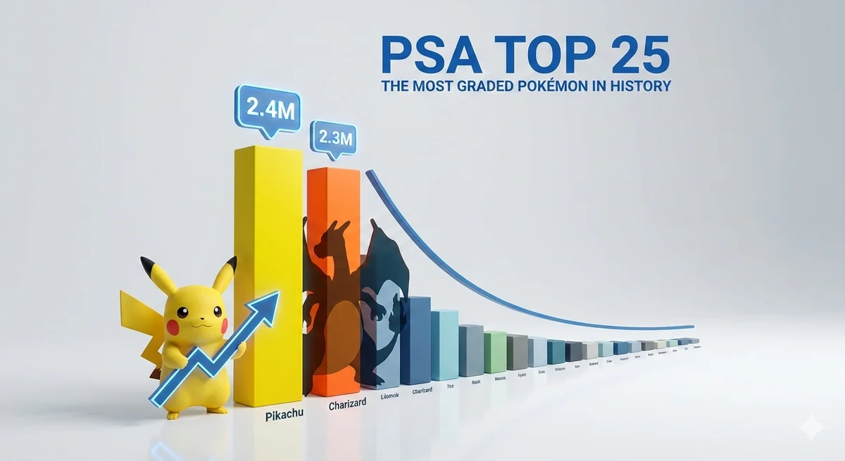 PSA Power Rankings showing the most graded Pokémon cards of all time with Pikachu and Charizard leading